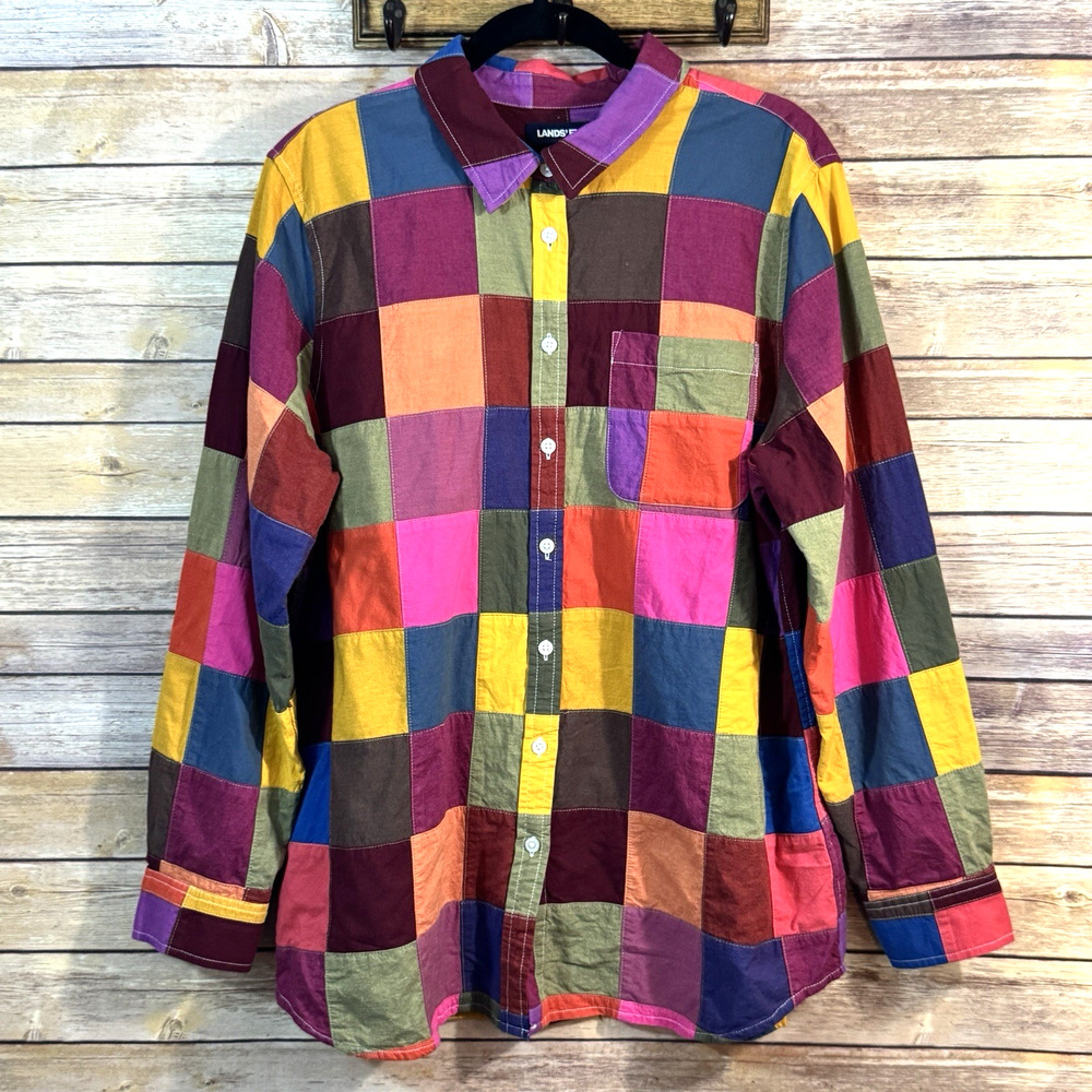 Lands End Jewel Tone Patchwork Color Block Roll Tab Sleeve Button Up Shirt XL